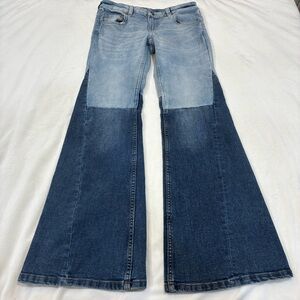 Two Tone Patchwork Flare Jeans Low Rise Colorblock Y2K Boho Sz 6 Coastal Cowgirl
